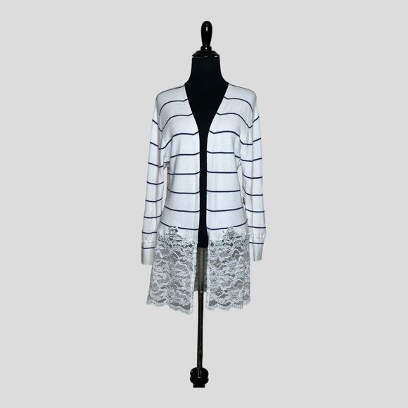 Snidel white blue striped long sleeves lace hem open front cardigan size F - OS - Picture 10 of 13